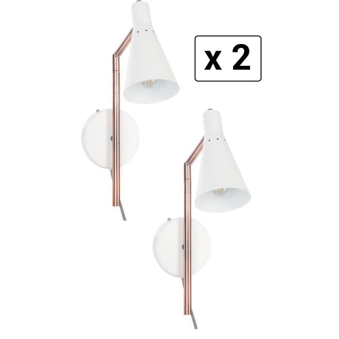 Lot De 2 Appliques Murales Avec Prise De Courant Blanc Et Cuivre