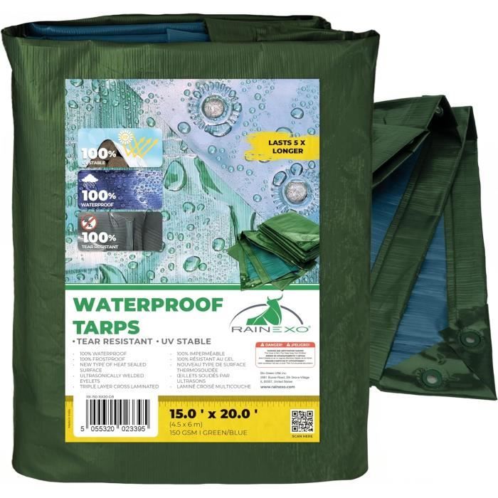 Bâche en toile multifonction de 1,2 x 1,8 m – Bâche imperméable robuste avec œillets antirouille – Bâche en tissu à usage industriel et commercial pour bâches, auvent, tente, bateau, piscine