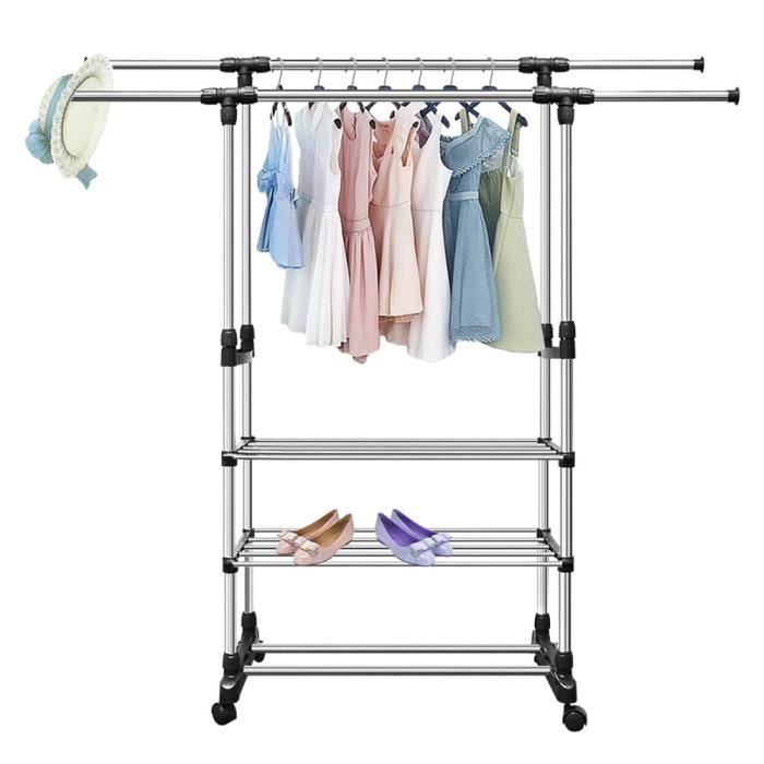Crevette Grand Double Portant à Vêtements avec 4 Roues - Penderie en Acier Chromé Télescopique Reglable - 3 Étagère à Chaussures