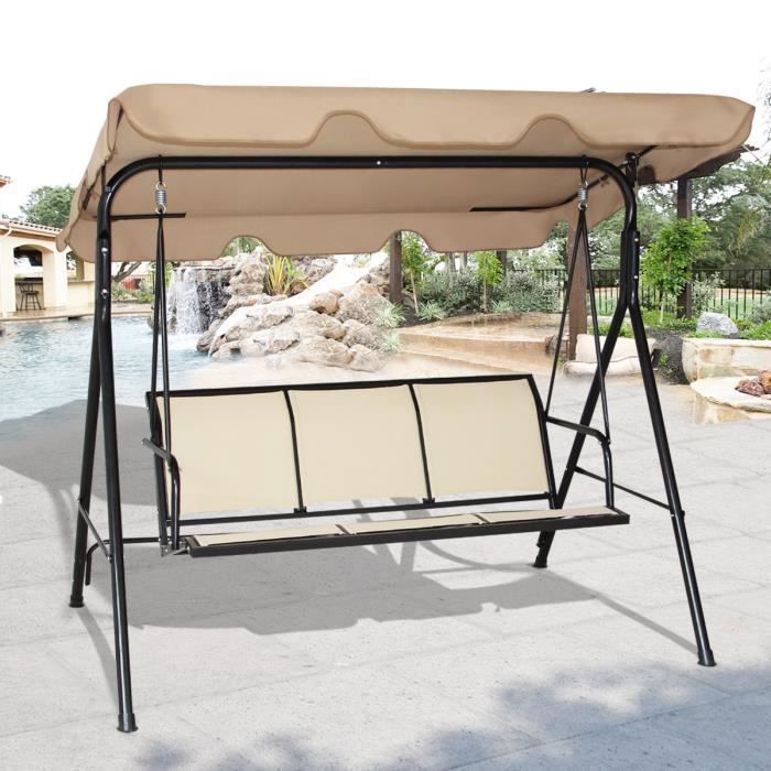 Balancelle De Jardin 3 Places En Polyester Et Acier Avec Toit Anti