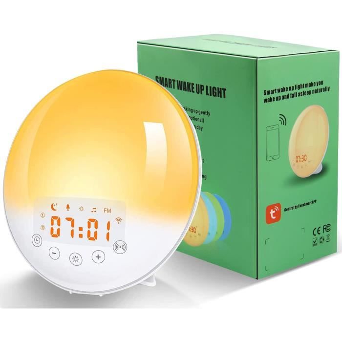 Réveil Simulateur D'Aube LED - Lampe De Chevet Avec 30 Sons, Luminosité Réglable, Minuterie De Sommeil, Design En Bois - 1