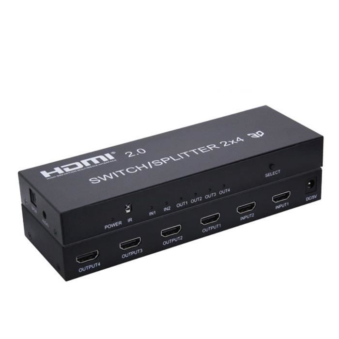 2x4 HDMI 2.0 commutateur Splitter 2 Entrées à 4 Sortie 4K @ 60Hz RGB/YUV 4：4：4 HDR Optical SPDIF et 3,5 mm de Sortie Casque Audio avec télécommande Infrarouge pour 