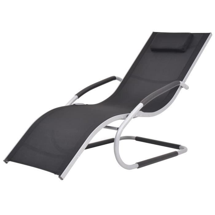 4312•JILLE® NEU Transat, Bain de Soleil - BestChaise longue avec oreiller Aluminium et textilène Noir,Confortable