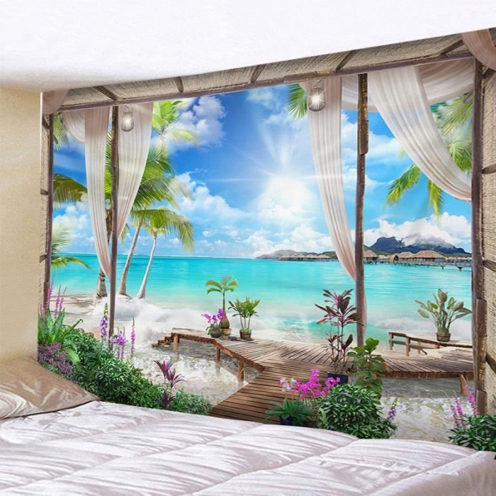Tapisserie murale tissu d'impression Voyage mer plage soleil décorative salon chambre à coucher 200 x 150 cm