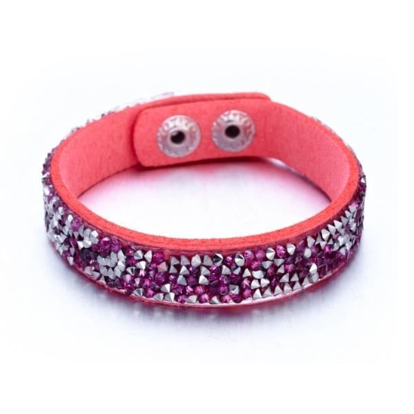 Bracelet Cristaux Fushia et Argentés de Swarovski Elements et Cuir Rose