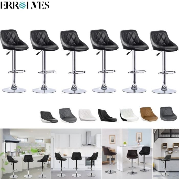 Tabouret de bar en similicuir ERROLVES - Lot de 6 - Noir - Hauteur réglable - Confortable et stable