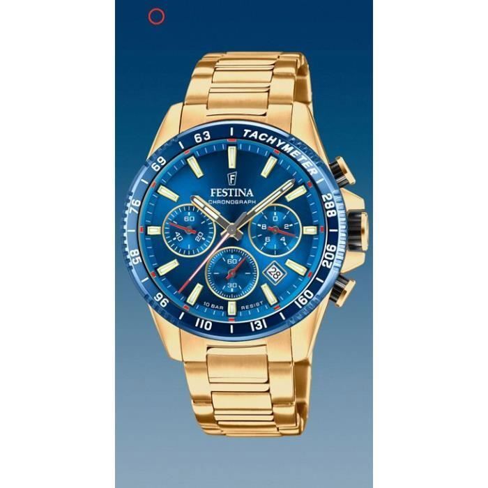 Festina Timeless Chronograph Homme - F20634/3 - Diamètre 45mm Cadran Bleu -  Etanche 100m - Verre minéral - Boite et bracelet PVD jau , - Achat/vente  montre Homme Adulte Bleu - Cdiscount