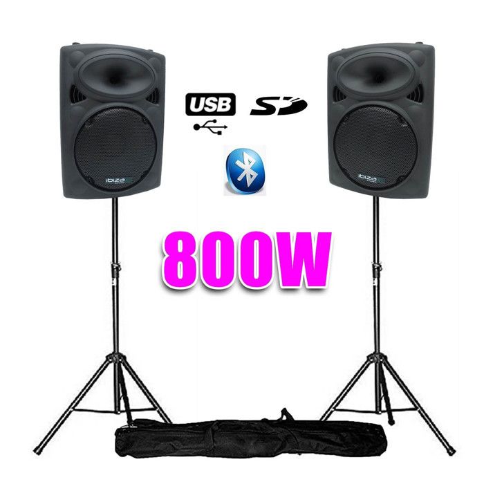 Enceintes amplifiées 10 25cm 800W USB/BT + pieds