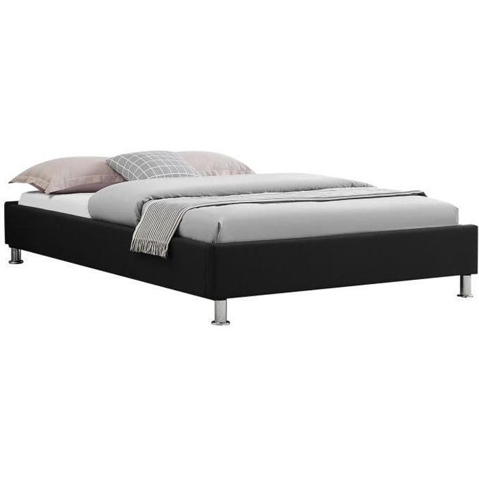 lit futon simple pour adulte nizza 120x190 cm 1 place et demi / 1 personne, avec sommier et pieds en métal chromé, tissu noir