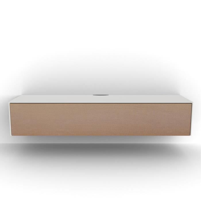 vali- meuble tv suspendu 160 cm blanc avec porte en textile acoustique et infrarouge