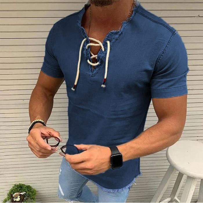Hauts pour hommes T-shirt imprimé vintage Décontracté à manches courtes en jean Tops Bleu