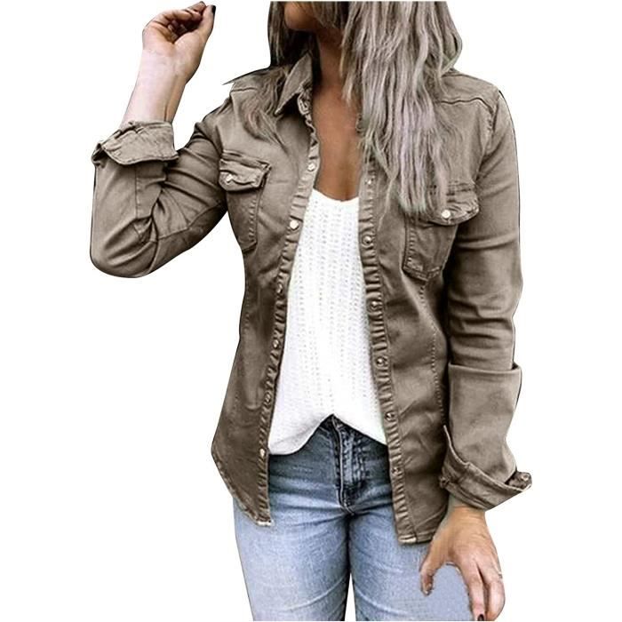 VESTE - VAREUSE - CASAQUE - Veste d'été élégante pour femme - En jean - Coupe ajustée - Stretch - Manches longues Gris