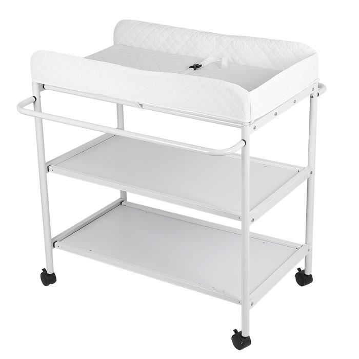 Table à langer pour bébé avec roulettes avec 2 étagères de rangement multifonctionnel portable 84 x 72 x 90 cm