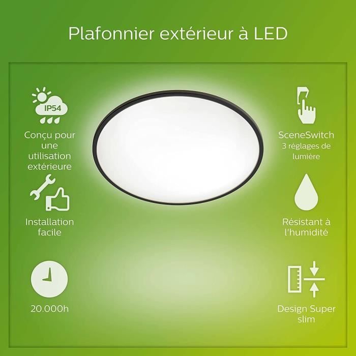 Plafonnier LED Philips SuperSlim 15W Noir IP54 pour extérieur