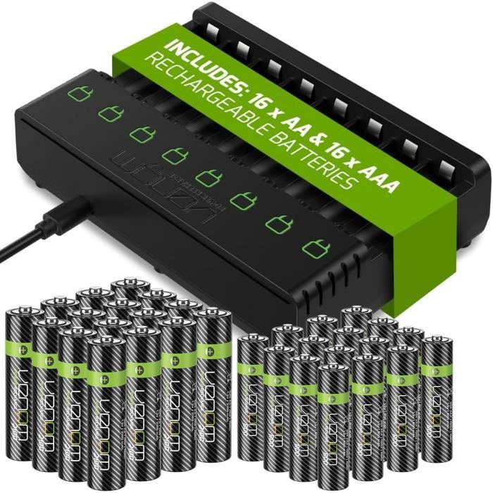 Piles Rechargeables Avec Station De Chargement \U2013 Comprend 16 Piles Aa (1200 Mah) Et 16