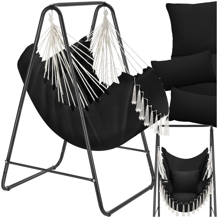 Fauteuil - TECTAKE - Siège suspendu ALISON au style bohème avec 3 coussins épais capacité de 160 kg 85 x 100 x 154 cm - Noir