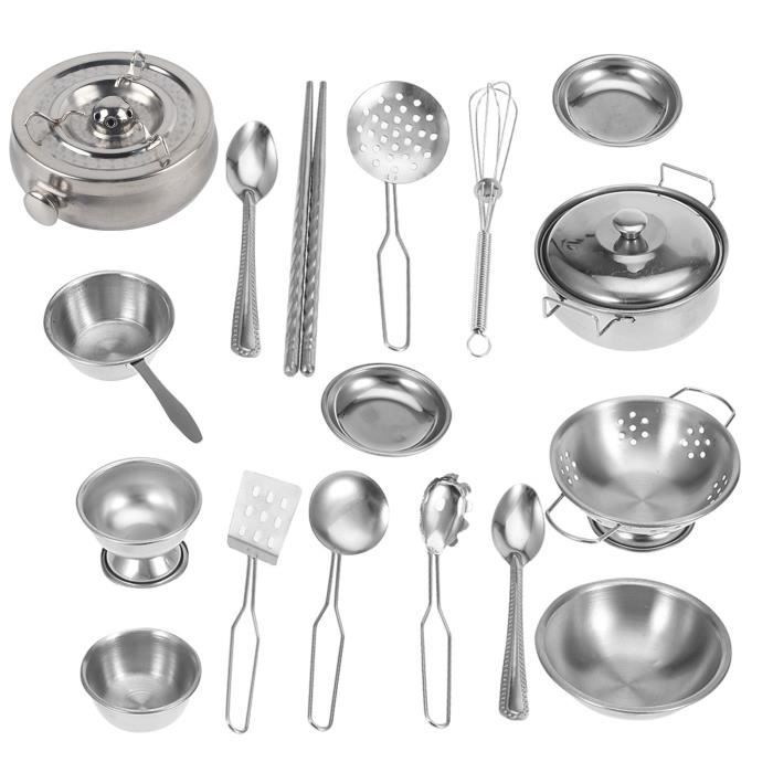Cuisine Enfants en acier inoxydable Jouets 18 Pcs Miniature Batterie de cuisine Ensemble de jeu Simulation Vaisselle Jouet Pretend 