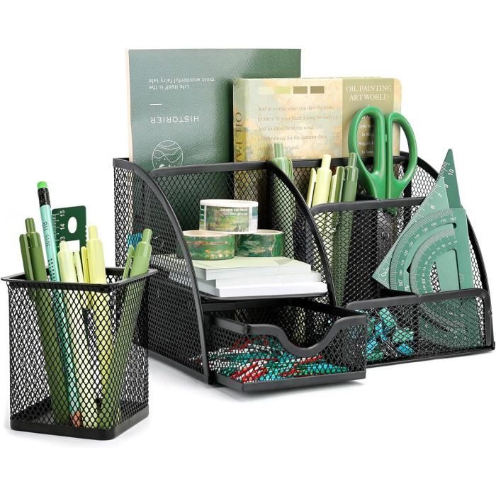 Organisateur De Bureau Métal Grillagé ZDZBLX - Avec Tiroir, Pot à Crayons - Noir