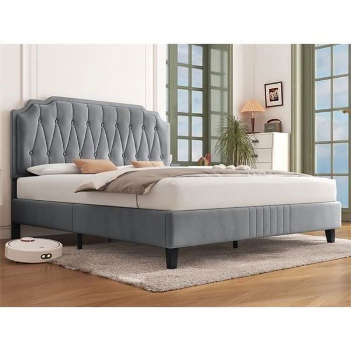 Yaheetech Lit double cadre de lit tapissé Tête de lit réglable en hauteur Gris clair-140 x 200 cm Yaheetech Lit double cadre de lit tapissé Tête de lit réglable en hauteur Gris clair-140 x 200 cm