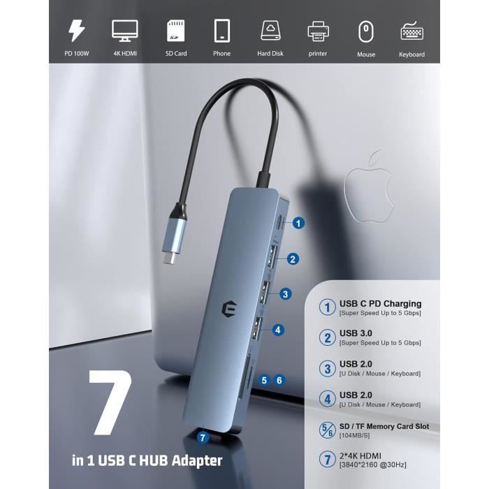 Hub Usb C, 10 En 1 Stations D'Accueil Avec Hdmi 4K, Sd-Tf, Pd 100W, 2
