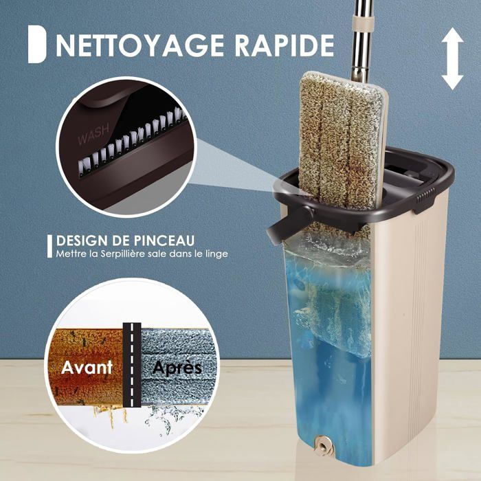 Kit Balai Serpillère Starlyf Avec Seau Essoreur - Auto-Nettoyant Et Séchant - Microfibre