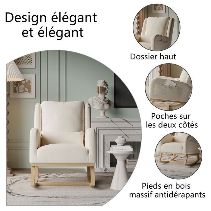 Fauteuil à Bascule En Velours Avec Coussin Lombaire – Structure Métal Et Bois – Pour Salon Ou Chambre