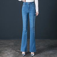 Jeans Femme Slim Stretch en Coton Taille Haute Évasé Style vintage Décontracté Printemps Automne - Bleu clair