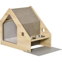PawHut Niche d'intérieur pour chien et chat design avec deux gamelles et coussin amovible - beige