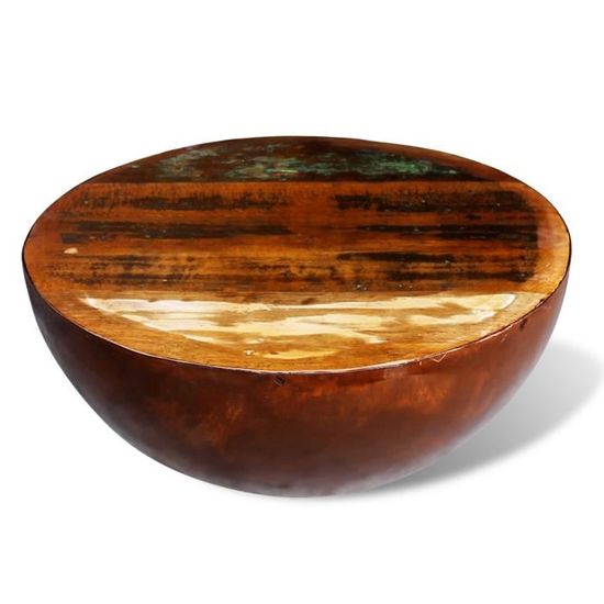 Table Basse forme Bol en bois massif de récupération avec base acier design unique placer verre vase