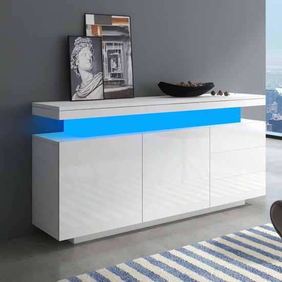 Buffet HOMCOM 4 Portes Brillant Blanc Et Chêne - 141x35x77 Cm, étagères Réglables, Rangement Salon/cuisine, Kit Anti-basculement
