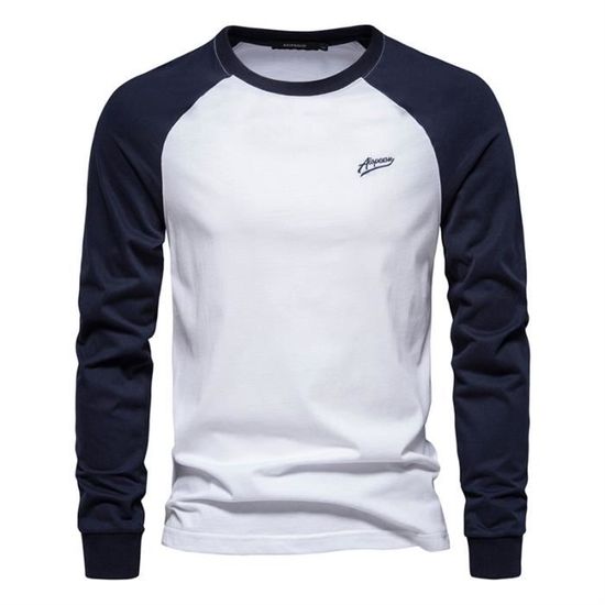 T shirt Homme T shirt a Manches Longues Homme Col Rond en Coton Mode Tee Shirt Manche Longue Homme Coupe Ajustee Blanc Bleu Blanc Cdiscount Pret a Porter