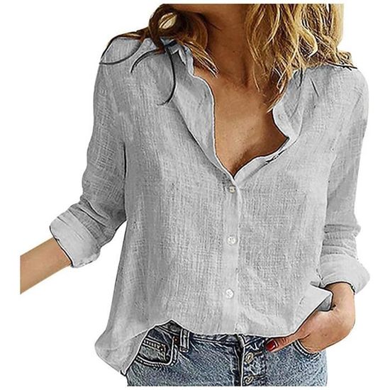 T-Shirt Femme Col V Boutonné Coton Léger - Tee Shirt Décontracté Printemps Été Couleur Unie