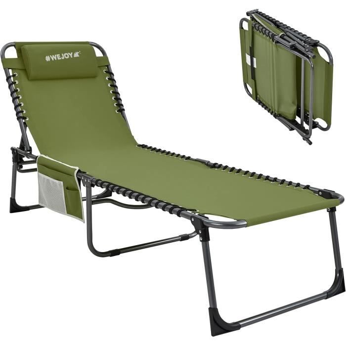 Lit De Camping Pliable XXL 200 Kg - Chaise Longue Convertible 4 Positions, Acier Inox, Gris, Coussin Inclus