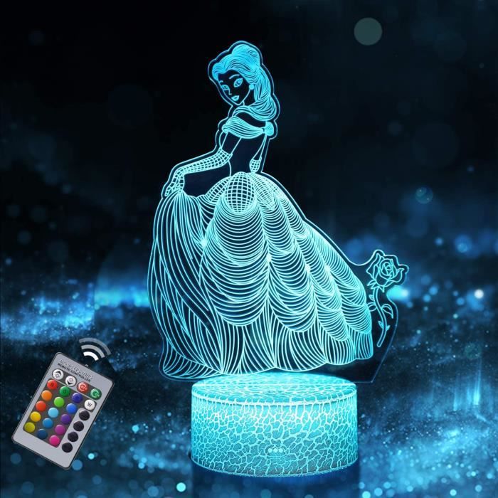 Veilleuse Princesse 3D pour Enfants, Fille Lampe LED USB Veilleuse Illusion 16 Couleurs Cadeau d'anniversaire et de Vacances