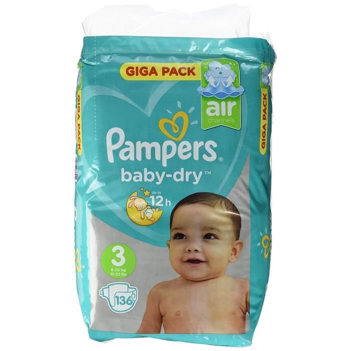 Pampers Baby Dry taille 3, 6-10 kg, Mega Plus Pack, 136 pièces