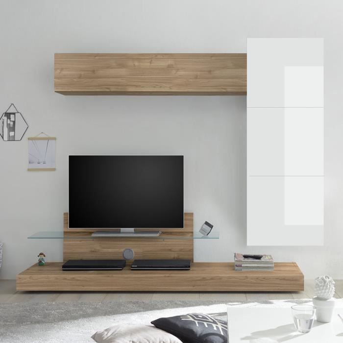 Meuble mural TV blanc laqué et couleur chêne CERANO Marron L230 x P 190 x H 50 cm