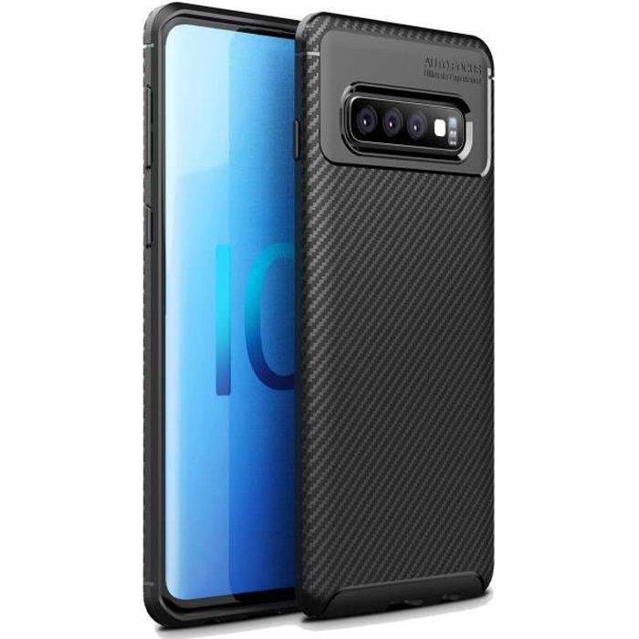 Coque Samsung Galaxy S10 Plus / S10+ Housse de Protection Souple Antichoc Etui Fibre de Carbone Mince Cas - Noir