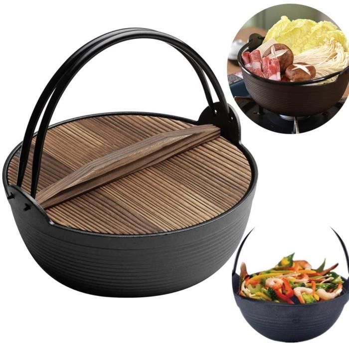 Uniquel Sukiyaki Pot, Poele Fonte Naturelle Cocotte en Fonte Wok Induction Appareil Fondue Chinoise avec Couvercle en Bois pour 128