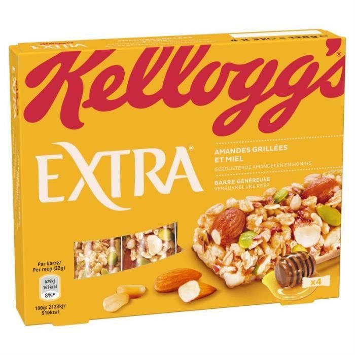 KELLOGG'S - Extra Barre Amandes Grillées Cacahuètes Et Miel 128G - Lot De 4