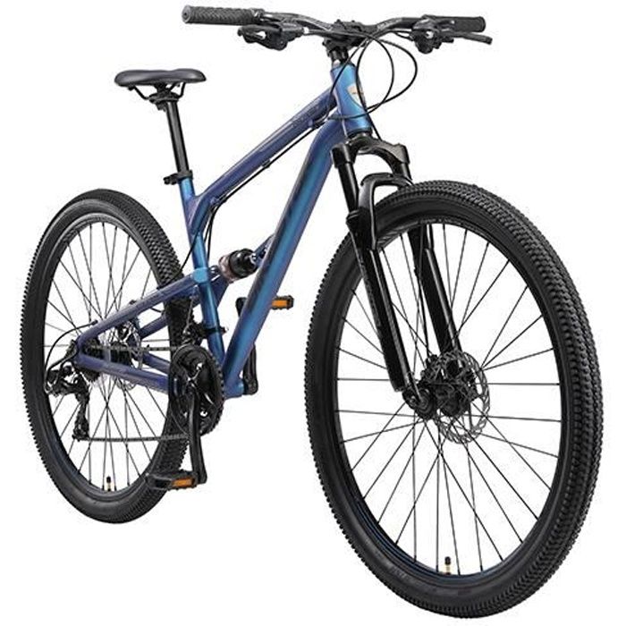 BIKESTAR | VTT Vélo tout terrain tout suspendu | 29 pouces | 21 vitesses Shimano | Freins Disque | Bleu