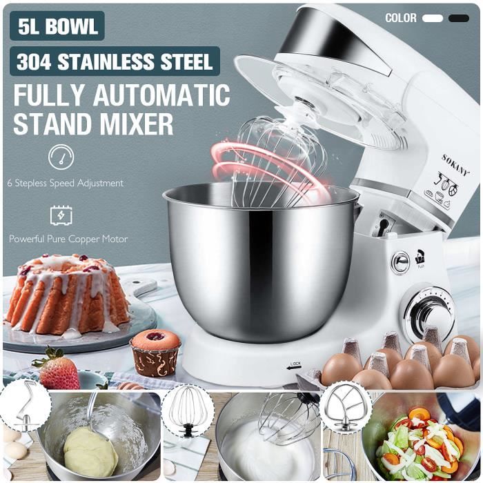 SOKANY Robot Pâtissier Petrin 1000W 6 Vitesses 5L Acier Inox Bol Cuisine Multifonction Batteur Crochet Fouet NOEL Anniversaire Party