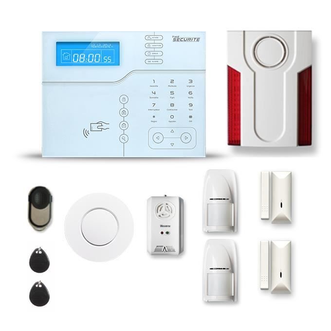Alarme maison sans fil SHB V2 1 à 2 pièces mouvement + intrusion + détecteur de fumée + gaz + sirène extérieure - Avec GSM
