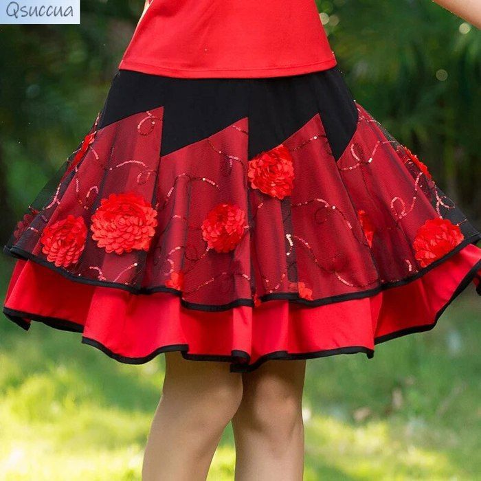 Jupe De Danse Latine Pour Femme - Longueur 90 Cm - Taille élastique 60-105 Cm - Maille Et Soie - CISMARK