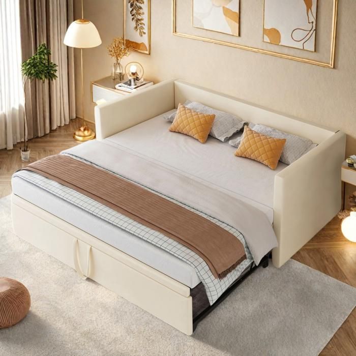 Lit gigogne 90/180 x 200 cm en velours beige - extensible - Sommier à lattes - style scandinave