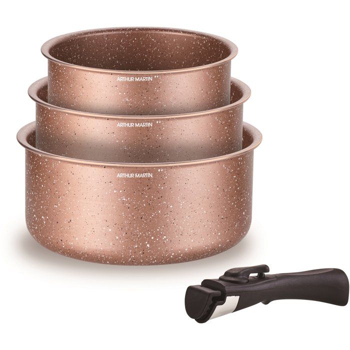 Set de 3 casseroles - Tous feux dont induction - ARTHUR MARTIN - AM2366 - Ø 1618 et 20 cm + 1 poignée amovible - Terracotta