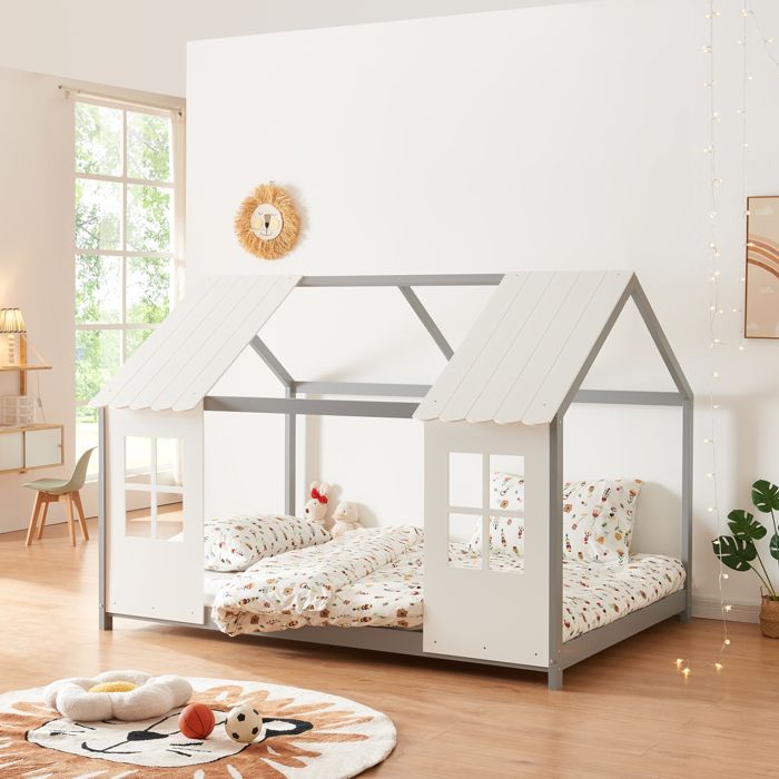 Lit cabane Tostedt pour enfant forme maison bois de pin 140 x 200 cm gris blanc [en.casa]