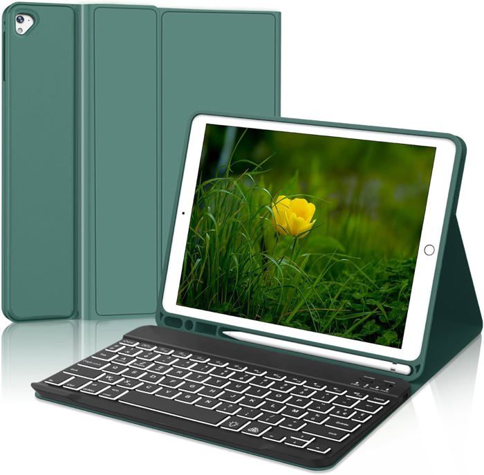 Coque Clavier AZERTY Bluetooth Pour IPad 9.7" (6e/5e Gén, Air 2/1, Pro) - Détachable, Avec Porte-stylo, Vert Foncé