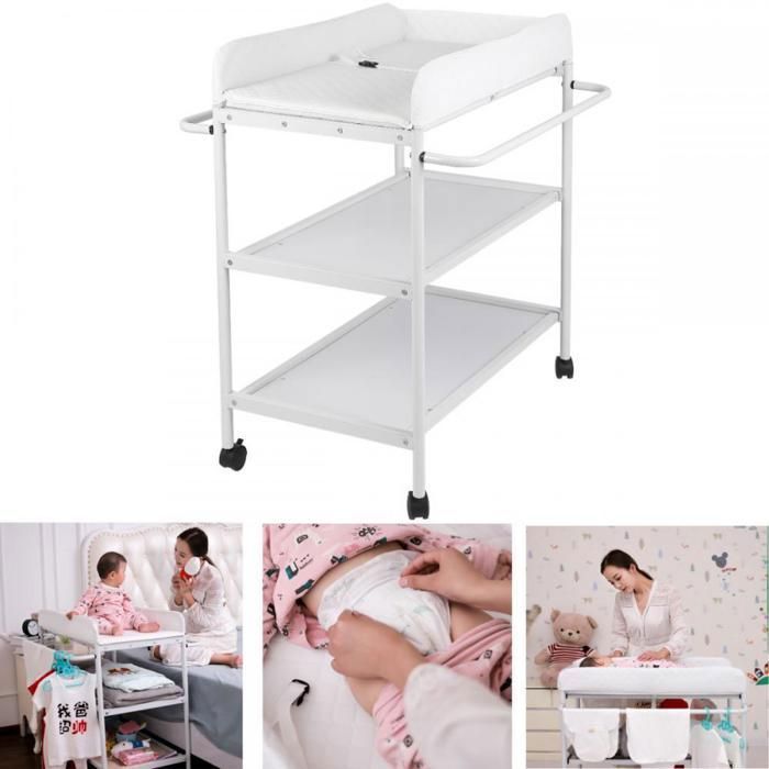 Table à Langer Mobile Et Pliable Willonin - Hauteur Réglable (62-90 Cm), Avec étagères, Panier Et Roues