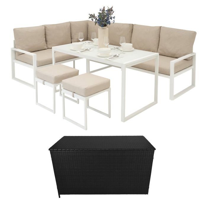 Salon de Jardin en Aluminium Blanc & Coffre de Rangement 582 L en Rotin Noir