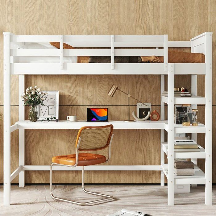 Lit mezzanine - LANGTU - 90x200 - Bois massif - Avec rangements et bureau - Blanc antique